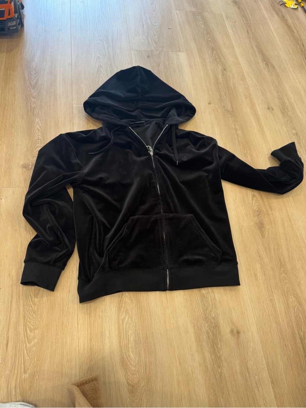 Juicy Couture Black Velour Logo Zip Up Hoodie Size S Y2K